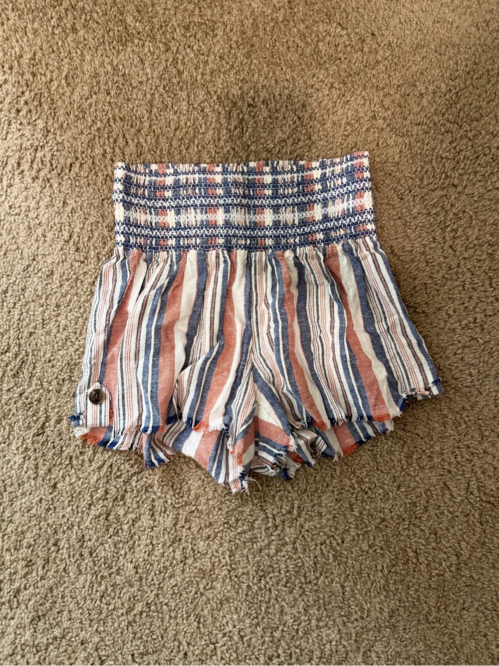 Smocked High-Waist Striped Women’s Shorts — Blue, White & Orange